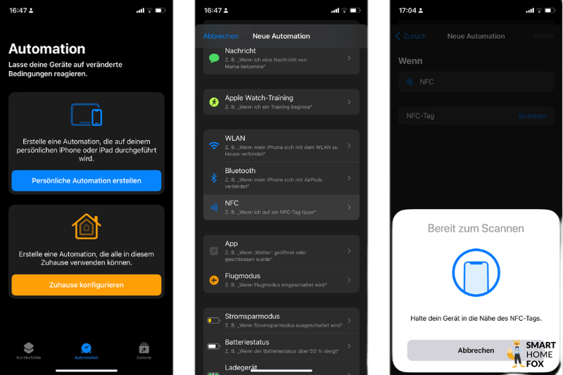 Screenshots, wie man einen NFC-verknüpften Kurzbefehl einstellt